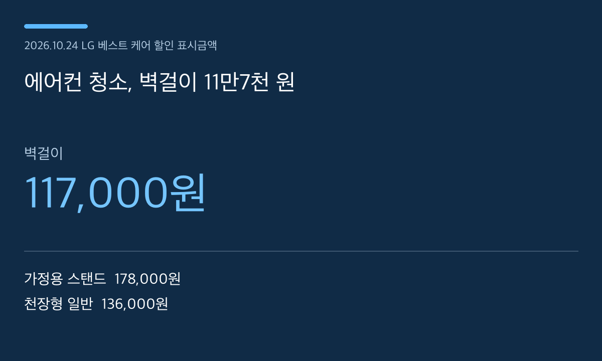 에어컨 청소, 벽걸이 11만7천 원 — 본문 내용을 정리한 자체 도표
